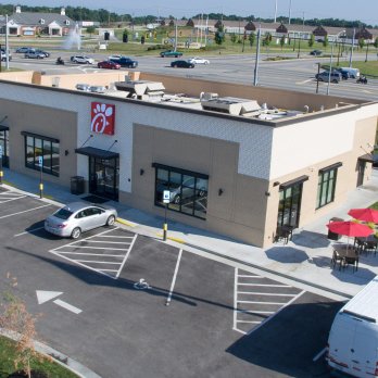 aerial view of the exterior of the Chick Fil A building and the parking lot