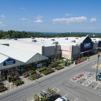 aerial view of the exterior of the Lowe's building and parking lot