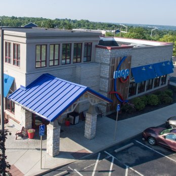 aerial view of the exterior of the ihop building and the parking lot